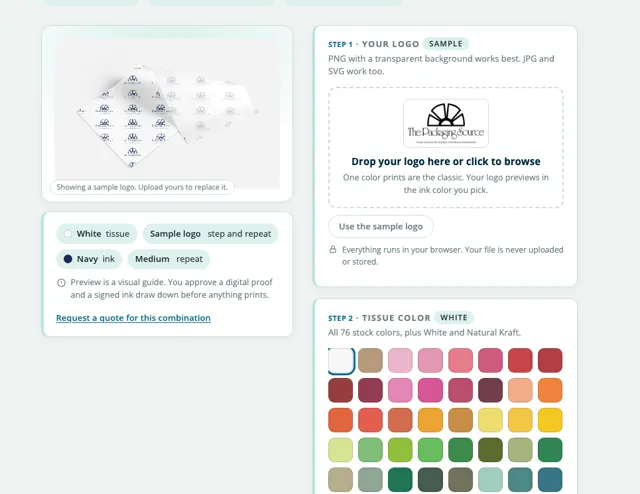 Logo preview tool showing a logo on tissue with color pickers