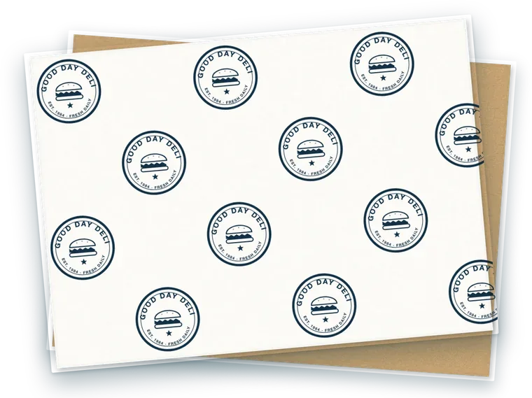 Deli paper printed with a one-color navy badge pattern on white