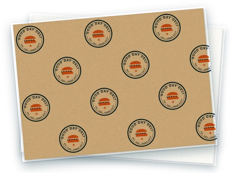 Kraft deli paper printed with a two-color navy and orange badge pattern