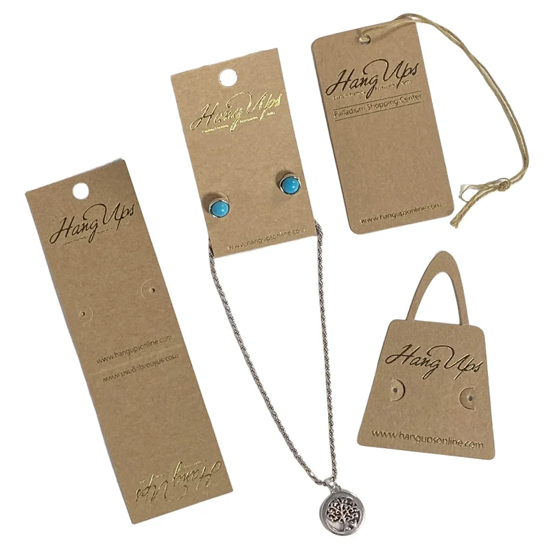 Kraft earring cards, necklace card, and hang tags with gold foil stamped logo