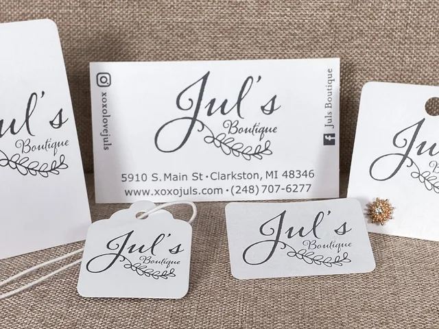 Boutique brand card set with matching hang tags, earring cards, and string tags